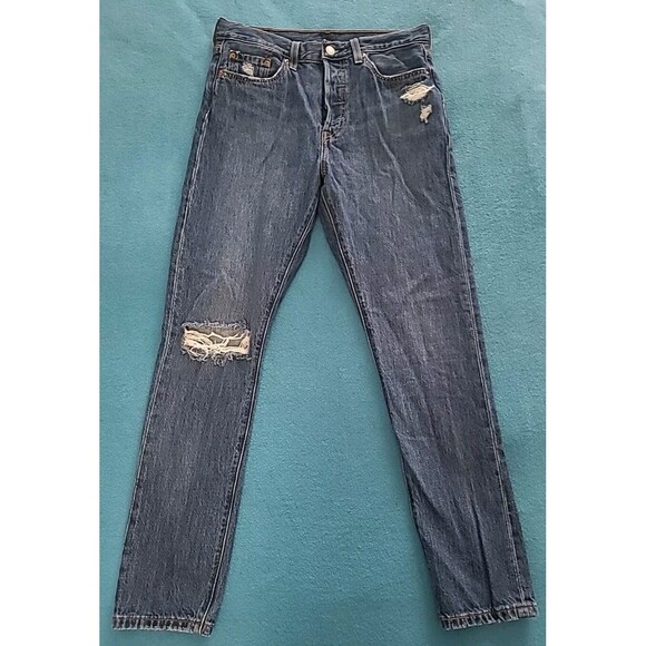 Levis Premium Womens 501 S Skinny Button Fly Jeans Distressed Big E Modern 28x30 - Picture 1 of 16